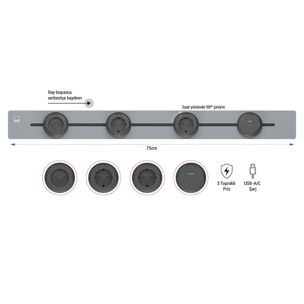 EAE 1074871 E-Flux Raylı Gömme Priz, 3 Şebeke, 1 USB Type A+C 20W Gri (EFG750-IN)