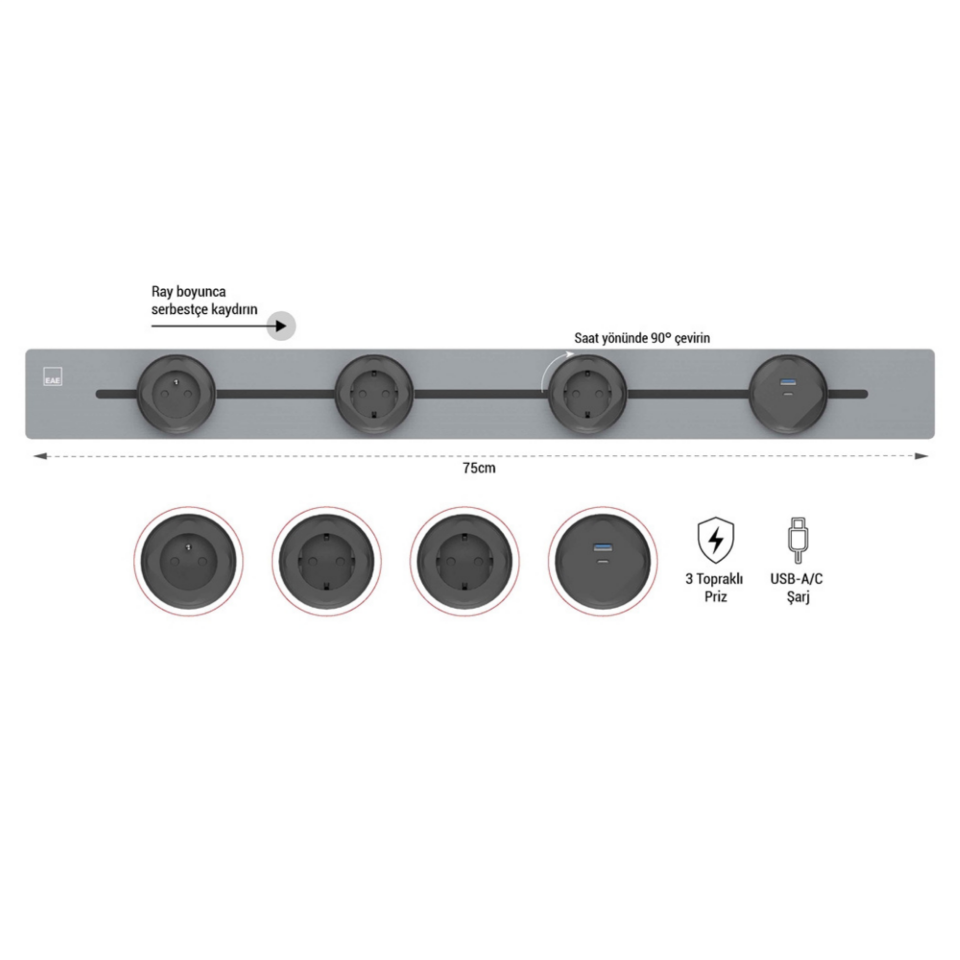 EAE 1074871 E-Flux Raylı Gömme Priz, 3 Şebeke, 1 USB Type A+C 20W Gri (EFG750-IN)