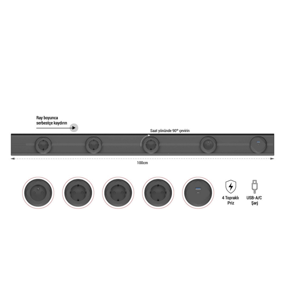 EAE 1074869 E-Flux Raylı Priz, 4 Şebeke, 1 USB Type A+C 20W Gri (EFG1000)