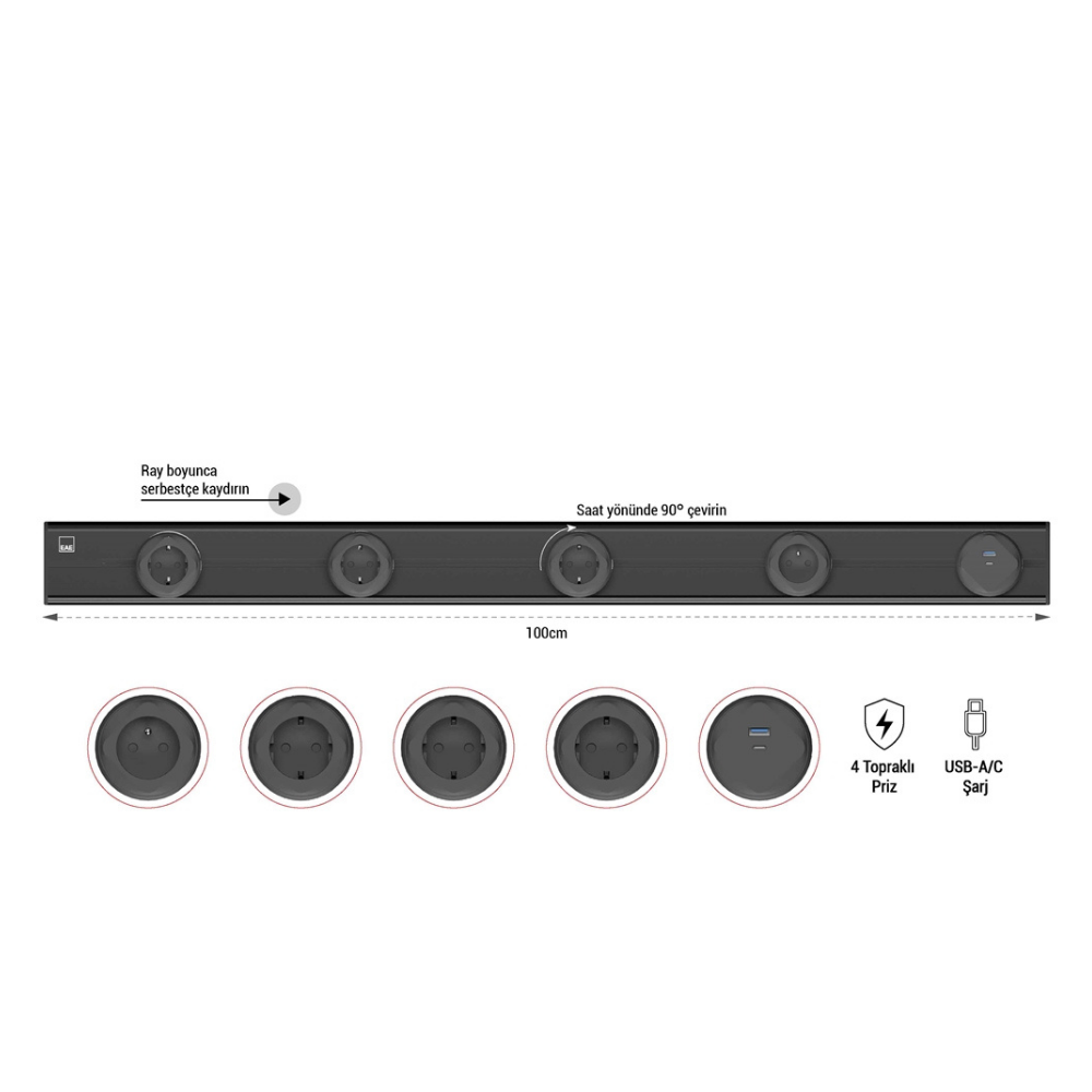 EAE 1074868 E-Flux Raylı Priz, 4 Şebeke, 1 USB Type A+C 20W Siyah (EFS1000)