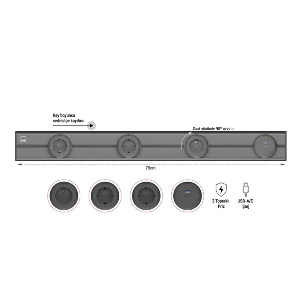 EAE 1074867 E-Flux Raylı Priz, 3 Şebeke, 1 USB Type A+C 20W Gri (EFG750)