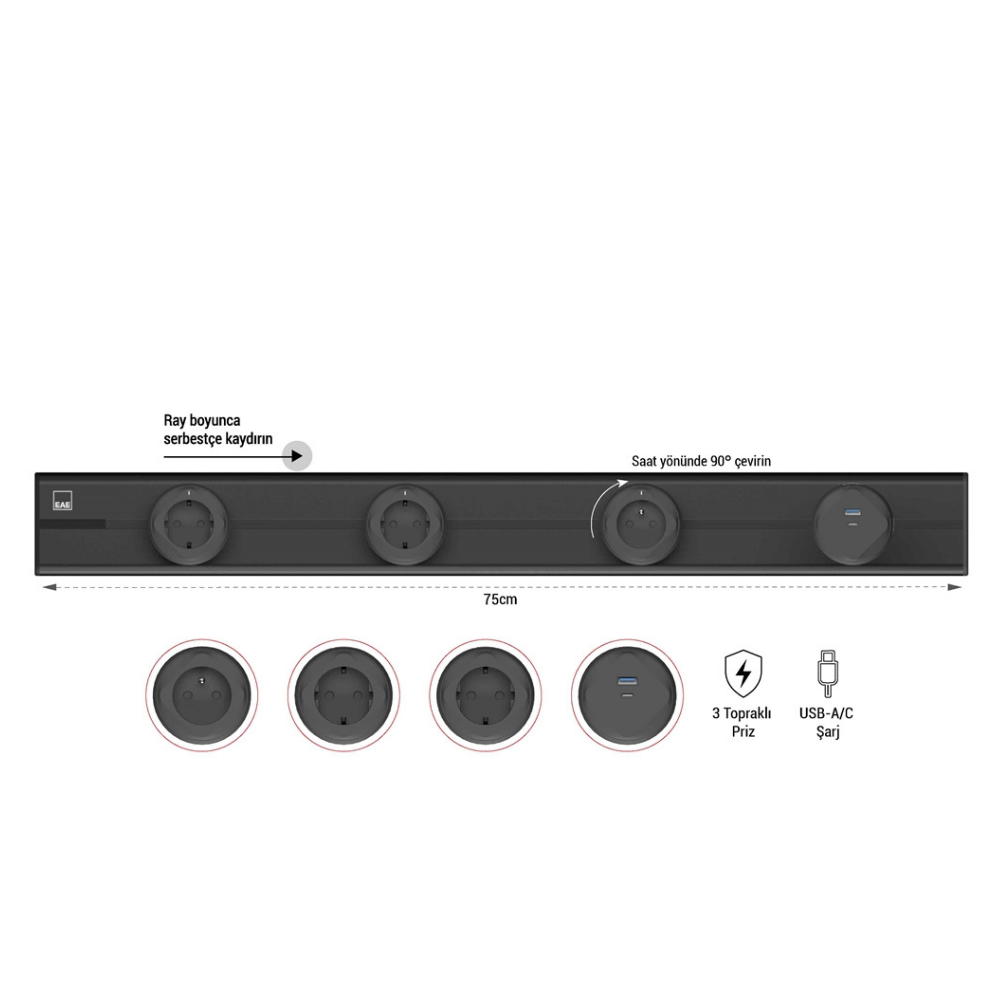 EAE 1074866 E-Flux Raylı Priz, 3 Şebeke, 1 USB Type A+C 20W Siyah (EFS750)