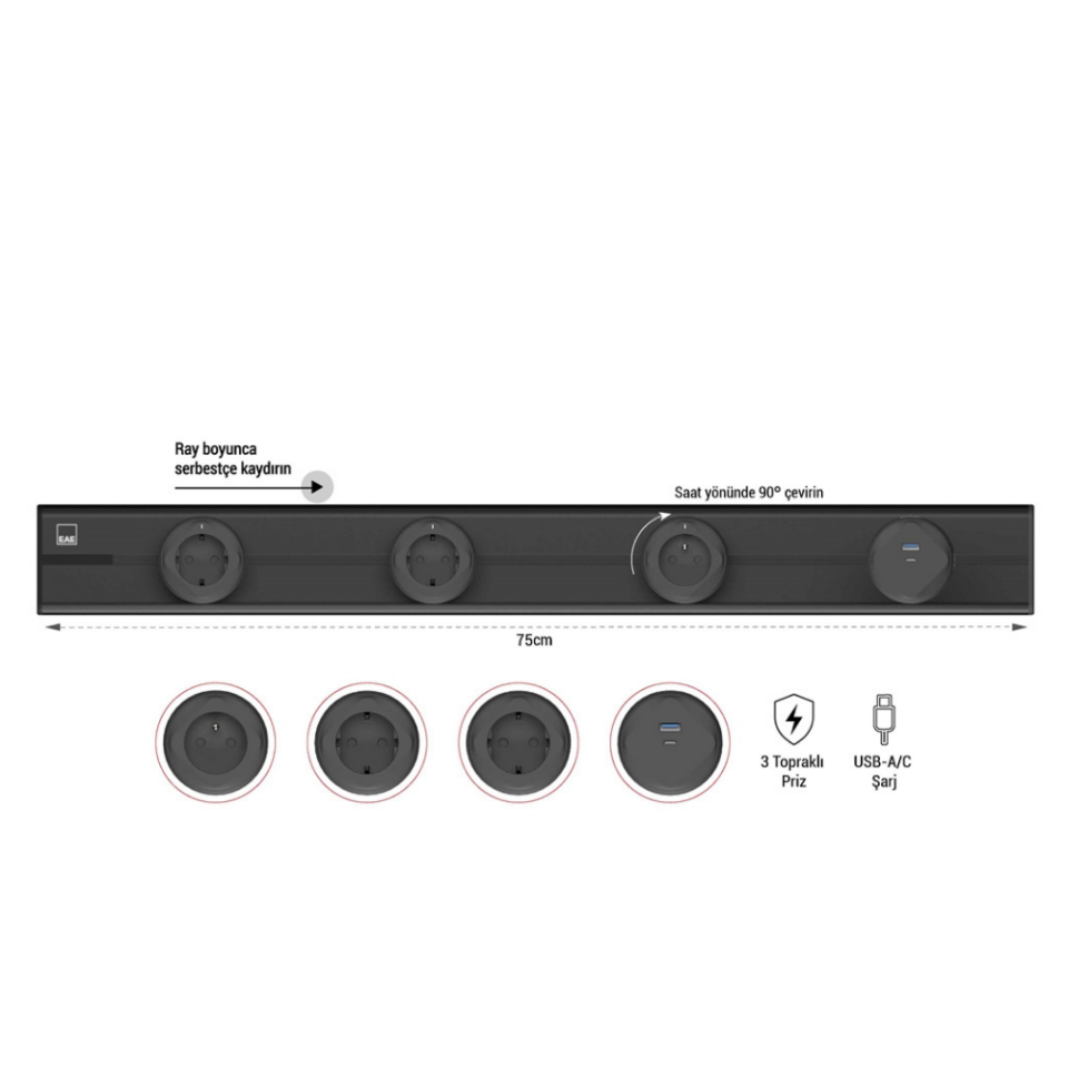 EAE 1074866 E-Flux Raylı Priz, 3 Şebeke, 1 USB Type A+C 20W Siyah (EFS750)