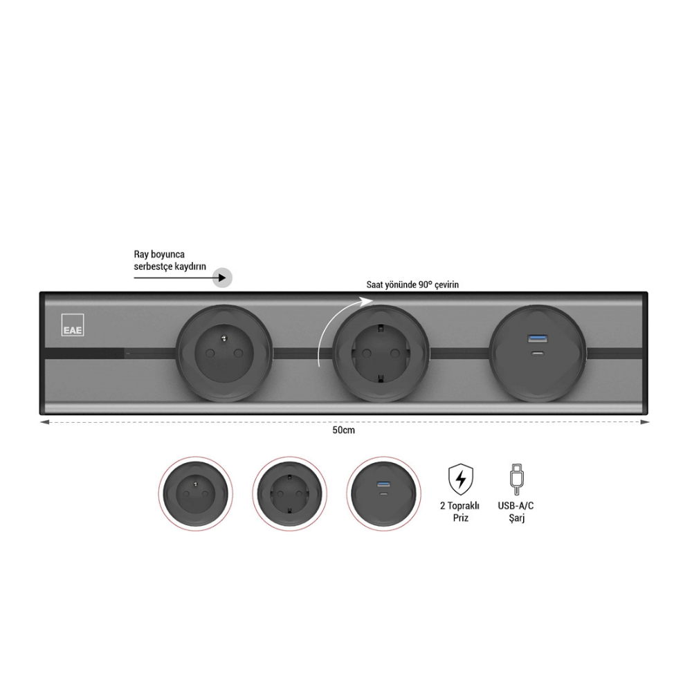EAE 1074865 E-Flux Raylı Priz, 2 Şebeke, 1 USB Type A+C 20W Gri (EFG500)