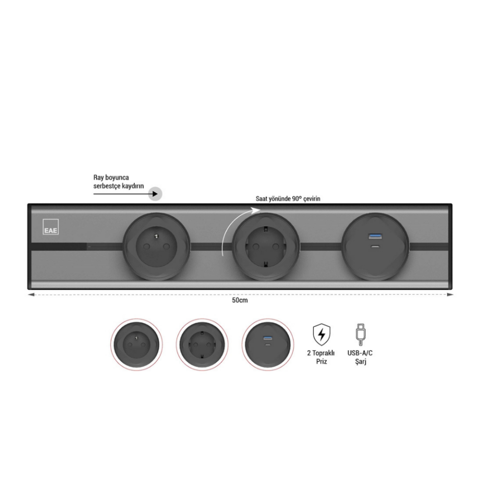EAE 1074865 E-Flux Raylı Priz, 2 Şebeke, 1 USB Type A+C 20W Gri (EFG500)