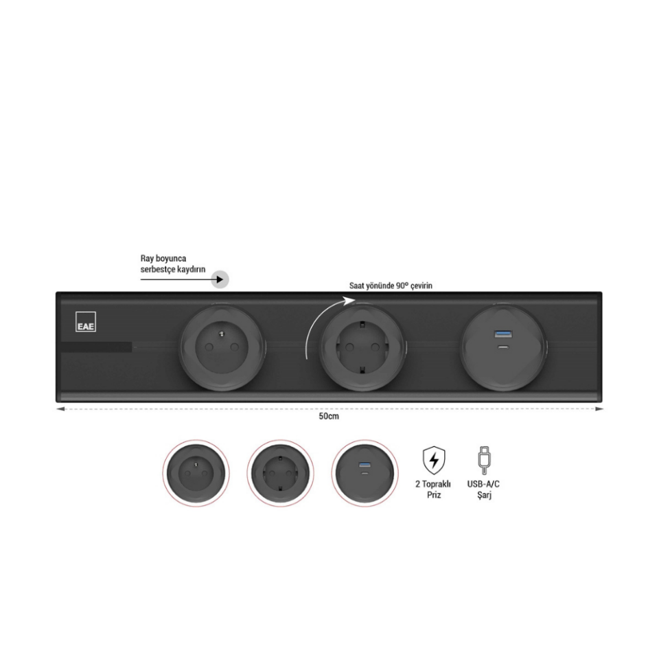EAE 1074864 E-Flux Raylı Priz, 2 Şebeke, 1 USB Type A+C 20W Siyah (EFS500)